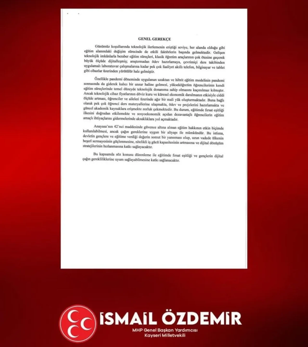 MHP’li Özdemir üniversiteliler için elektronik cihazlarda ÖTV muafiyeti teklifi sundu