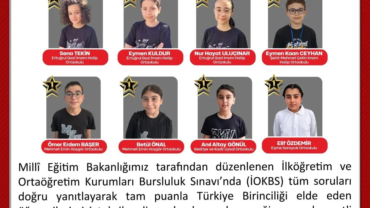 Uşaklı öğrenciler bursluluk sınavında Türkiye birincisi oldu