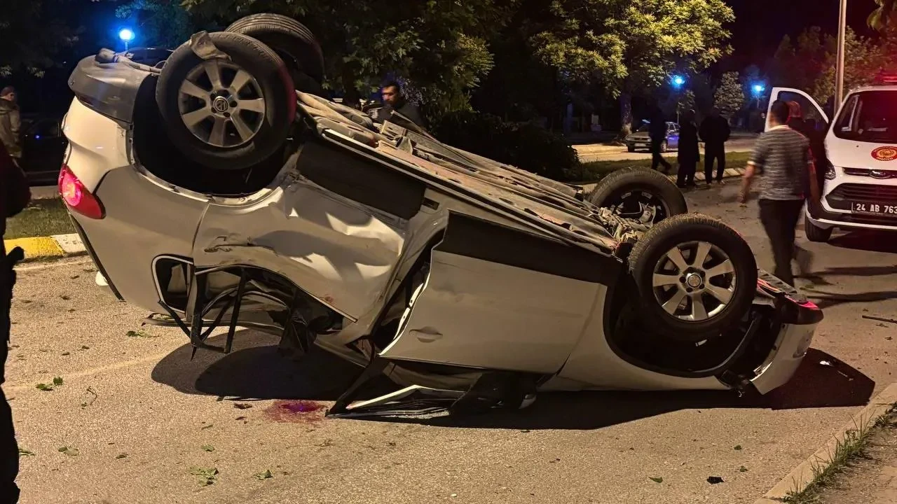 Erzincanda otomobil ağaca çarpıp takla attı