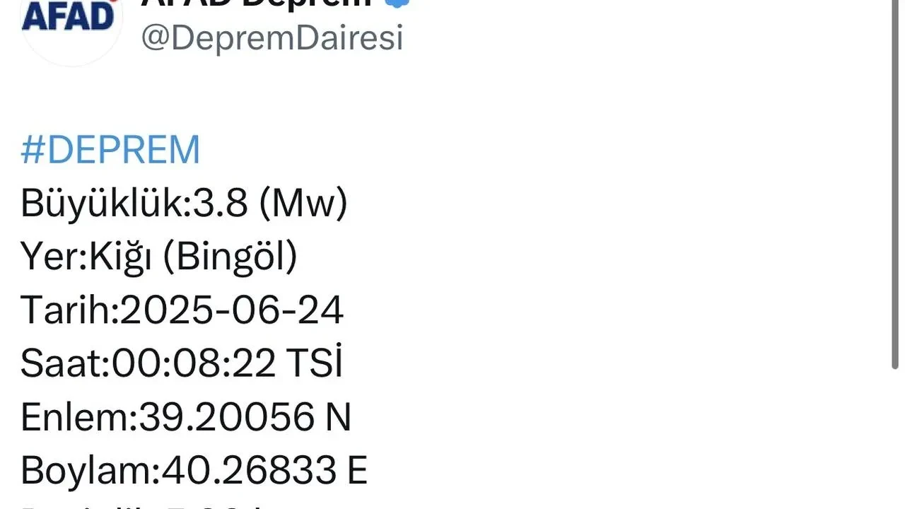 Bingöl Kiğı ilçesinde 38 büyüklüğünde deprem yaşandı
