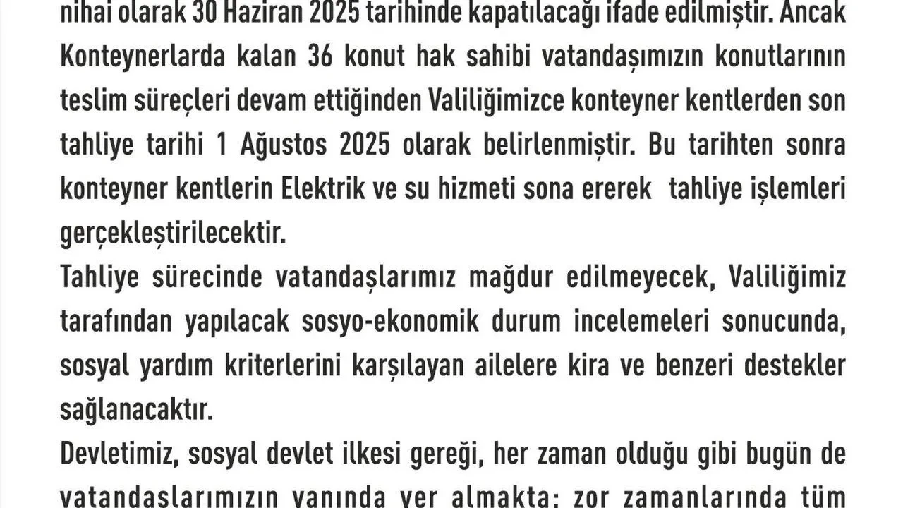 Elazığ Valiliği konteyner kentleri 1 ağustosta tahliye edecek
