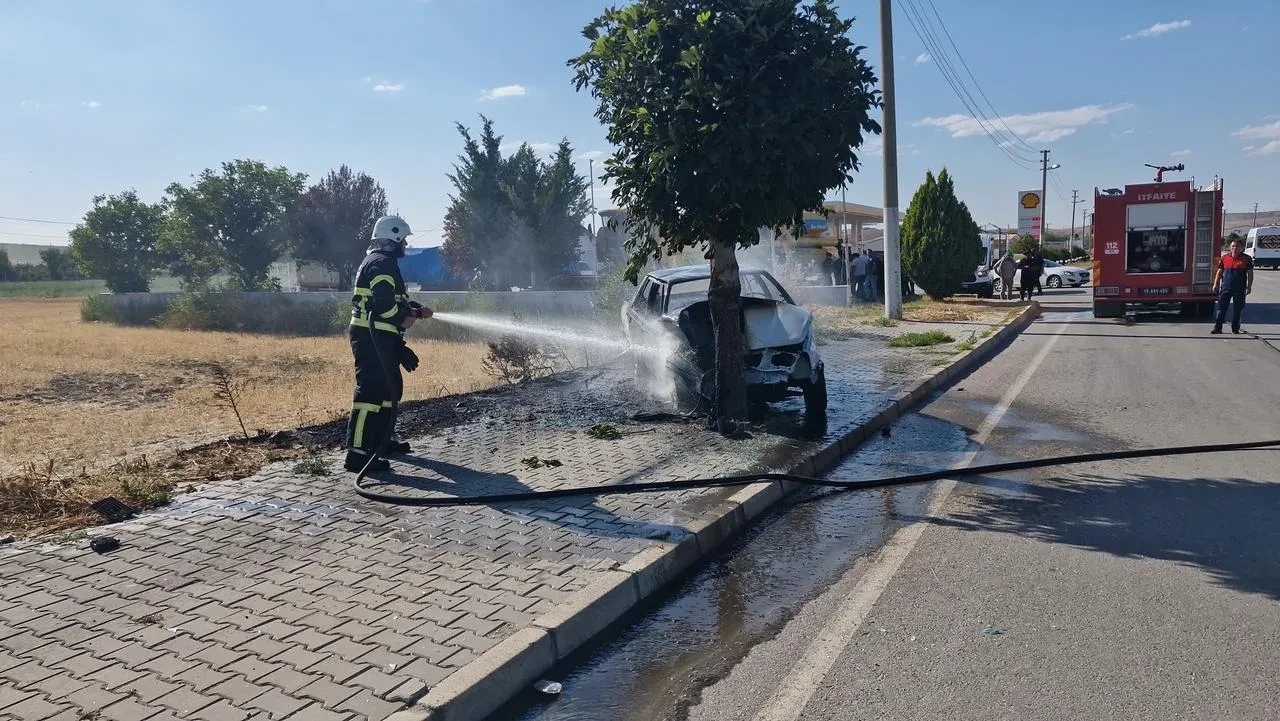 Çorum'un Alaca ilçesinde ağaca çarpan otomobil yandı sürücü yaralandı
