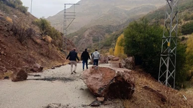 Van’ın Çatak ilçesinde yağışlar nedeniyle yola kaya parçaları düştü