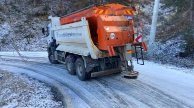 Aydın’da kar yağışı nedeniyle belediye ekipleri tuzlama ve kar küreme çalışması yapıyor