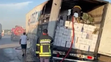 Tarsus'ta İran'a giden kaju yüklü tırda yangın