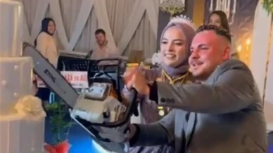Kütahya Tavşanlıda düğün pastası motorlu testereyle kesildi