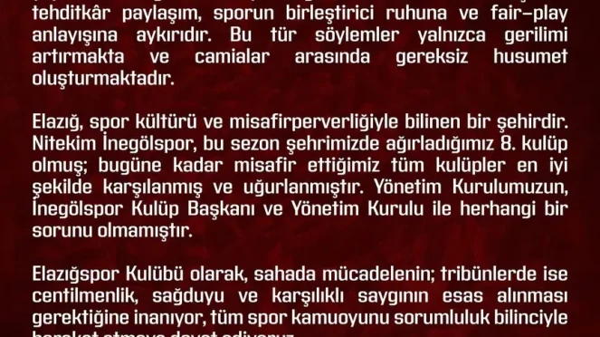 Elazığspor İnegölspor maçında protokol tribününde yaşanan olaylar için açıklama yaptı