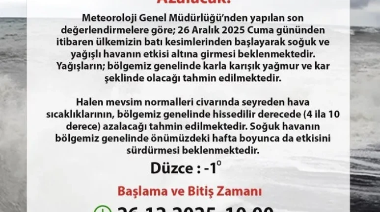 Düzce'de 26 Aralık'tan itibaren bir hafta boyunca kar yağışı bekleniyor