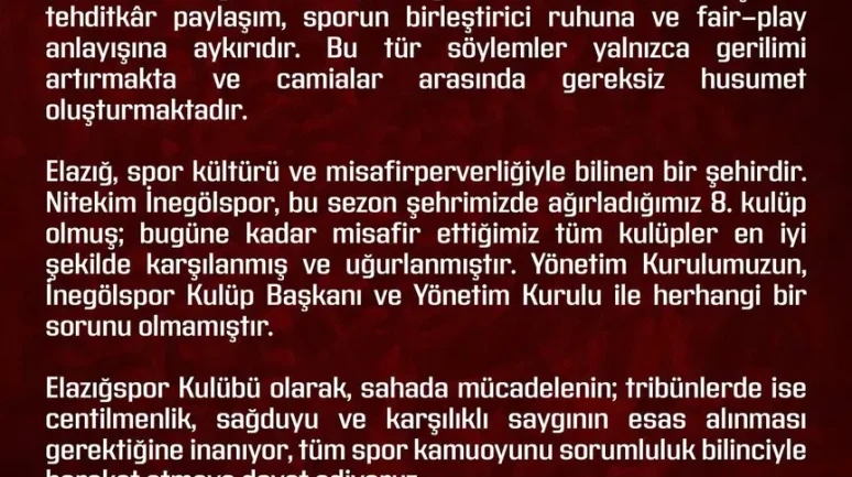 Elazığspor İnegölspor maçında protokol tribününde yaşanan olaylar için açıklama yaptı